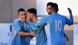 The players celebrate Lewis Rankin's opening goal - Rugby Town 4-0 North Greenford